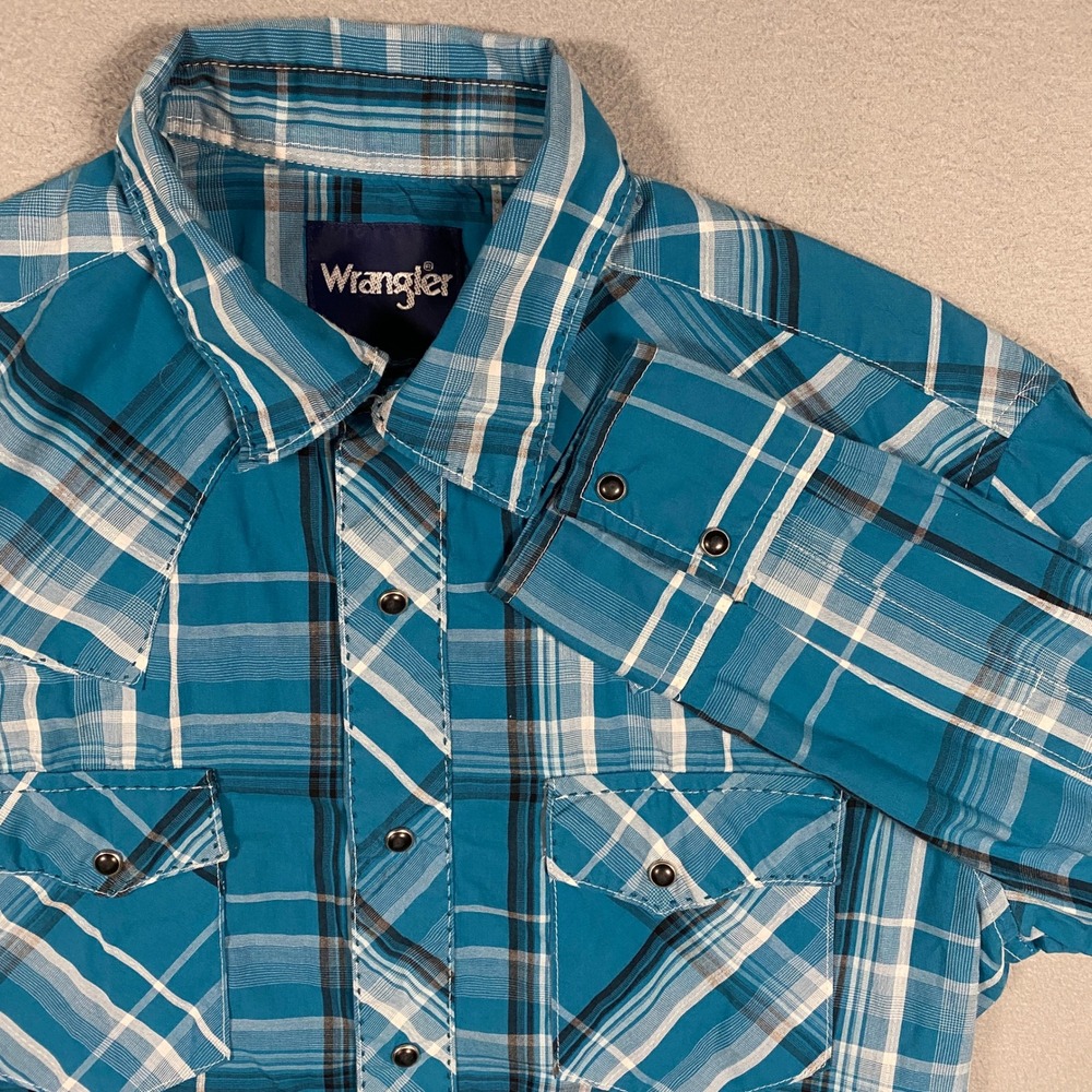 Wrangler Western Pearl Snap Shirt Mens Small Blue Plaid Long Sleeve Yoke